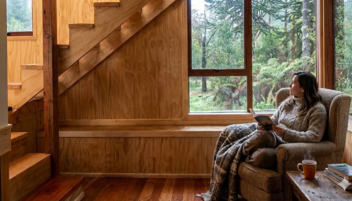 Interior cálido de una MulcHouse con gran ventanal hacia el bosque valdiviano